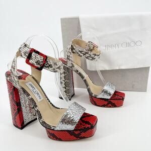 Jimmy Choo Jax 125 Red Silver Snakeskin Platform Ankle Strap Sandal Heel IT 41